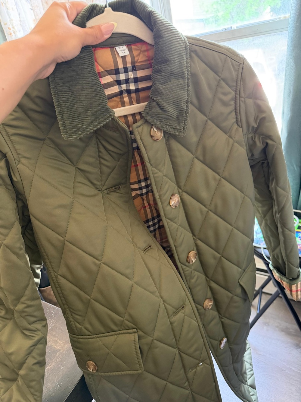 Burberry Olive Green Quilted Jacket with Corduroy Collar